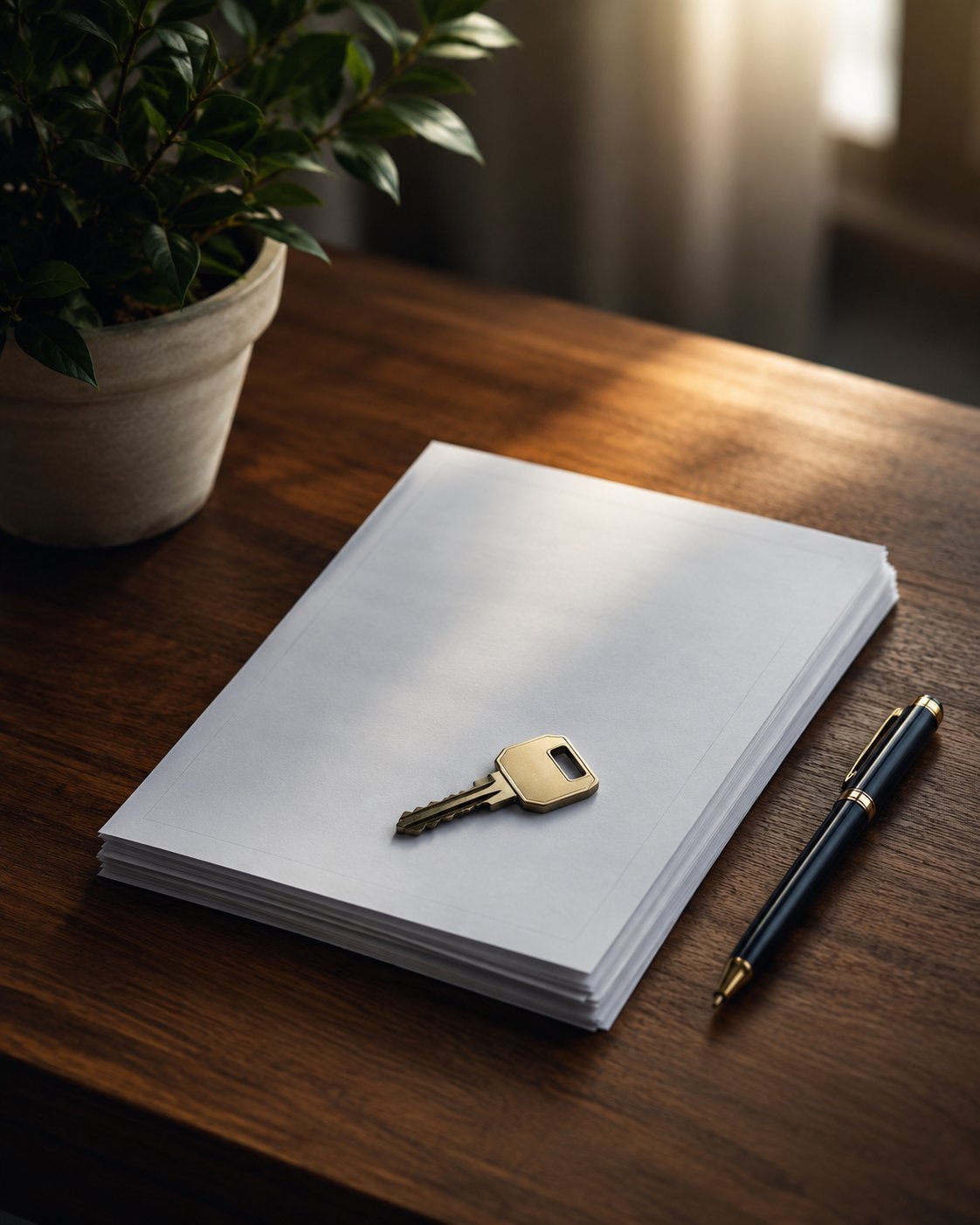 A house key and property documents on a desk